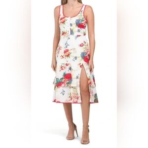 Betsey Johnson Riviera Tiered White and Red Floral Midi Dress Size M